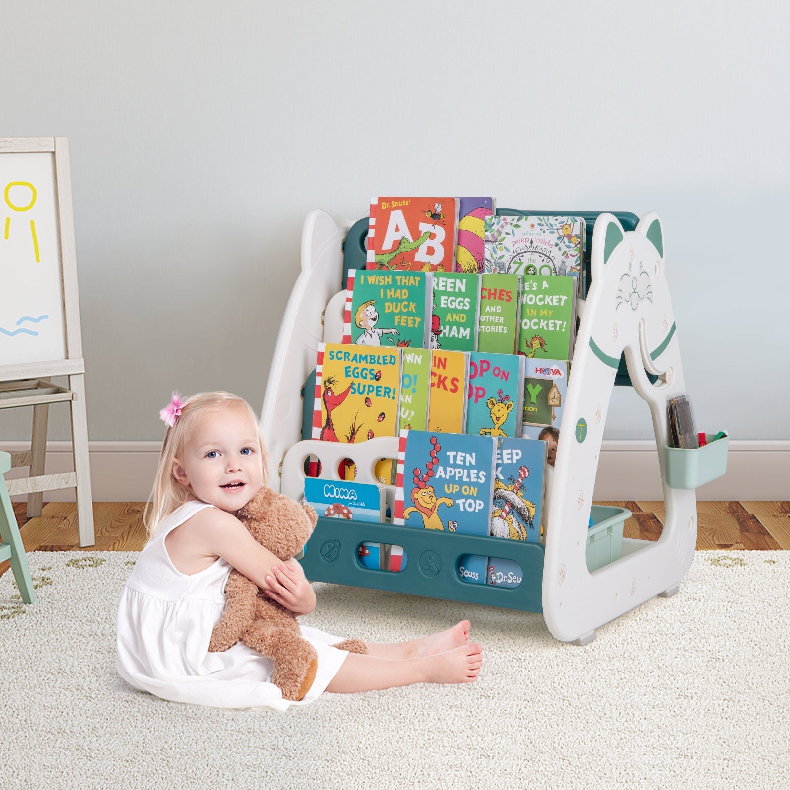 3 in 1 Kids Art Easel and Stool with Multi-Layer Book Rack-Green