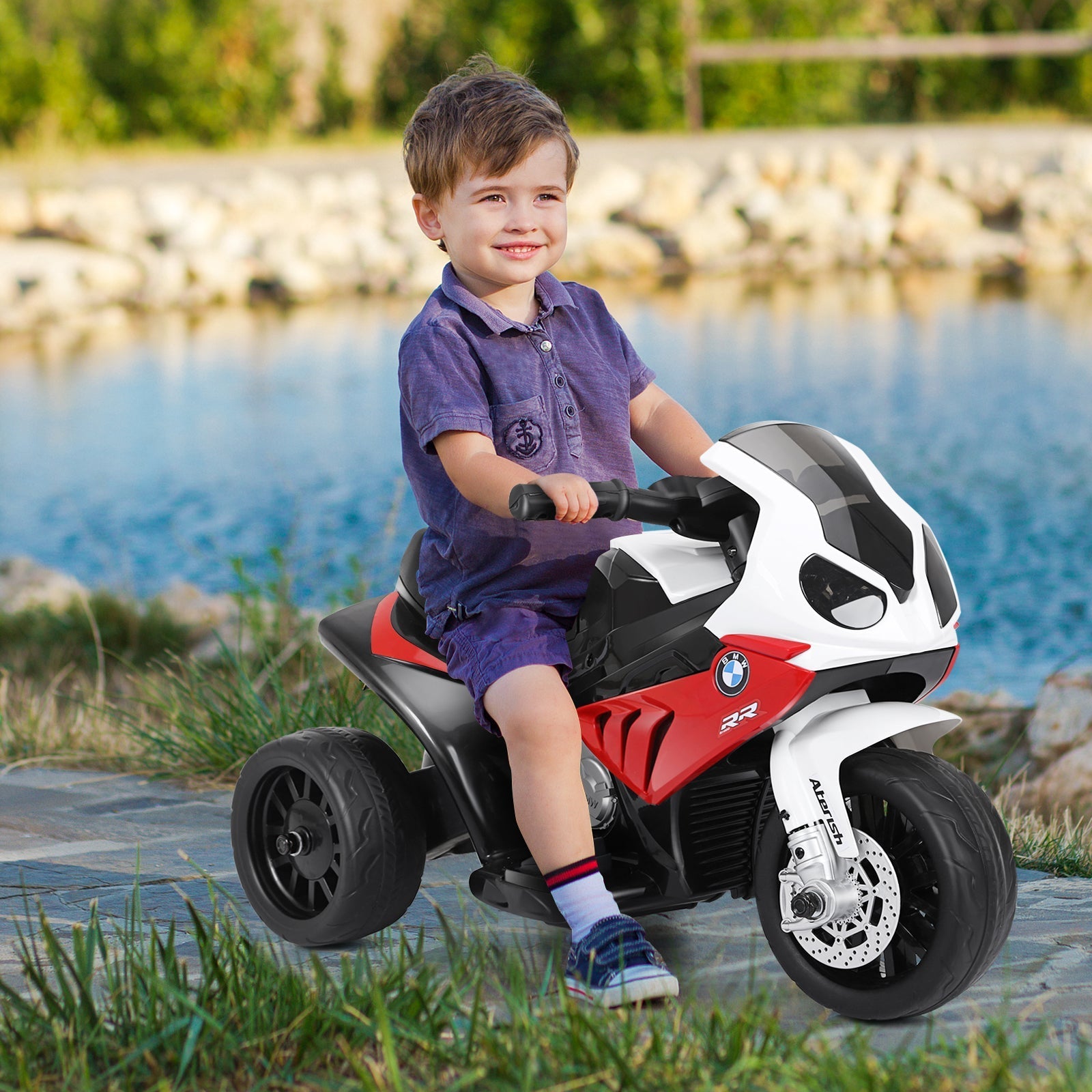 6V Kids Ride on Motorcycle with Training Wheels and Head Light-Red