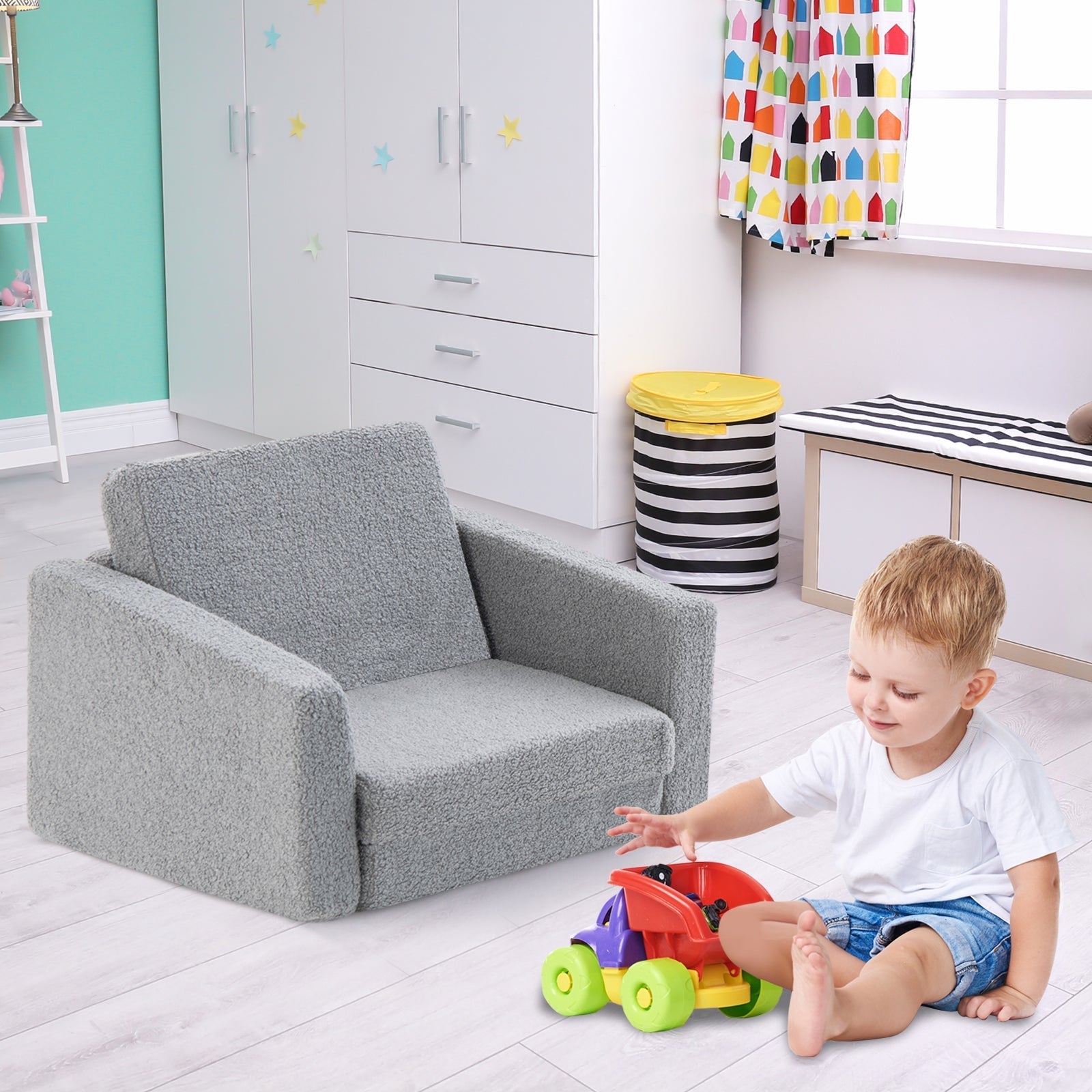 2-in-1 Toddler Fold out Couch with Washable Sofa Cover-M