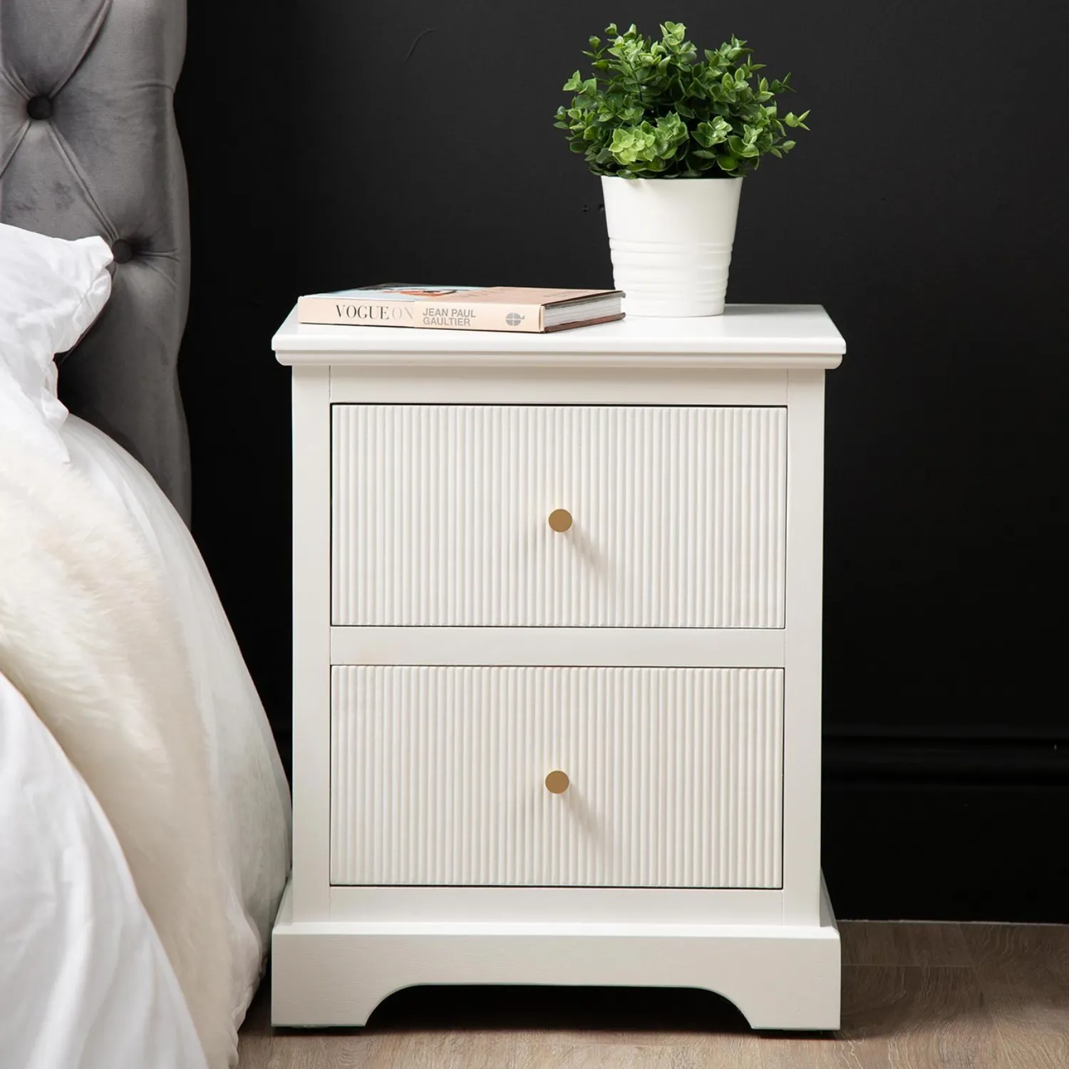 White Grooved 2 Drawer Bedside Chest with Gold Handles