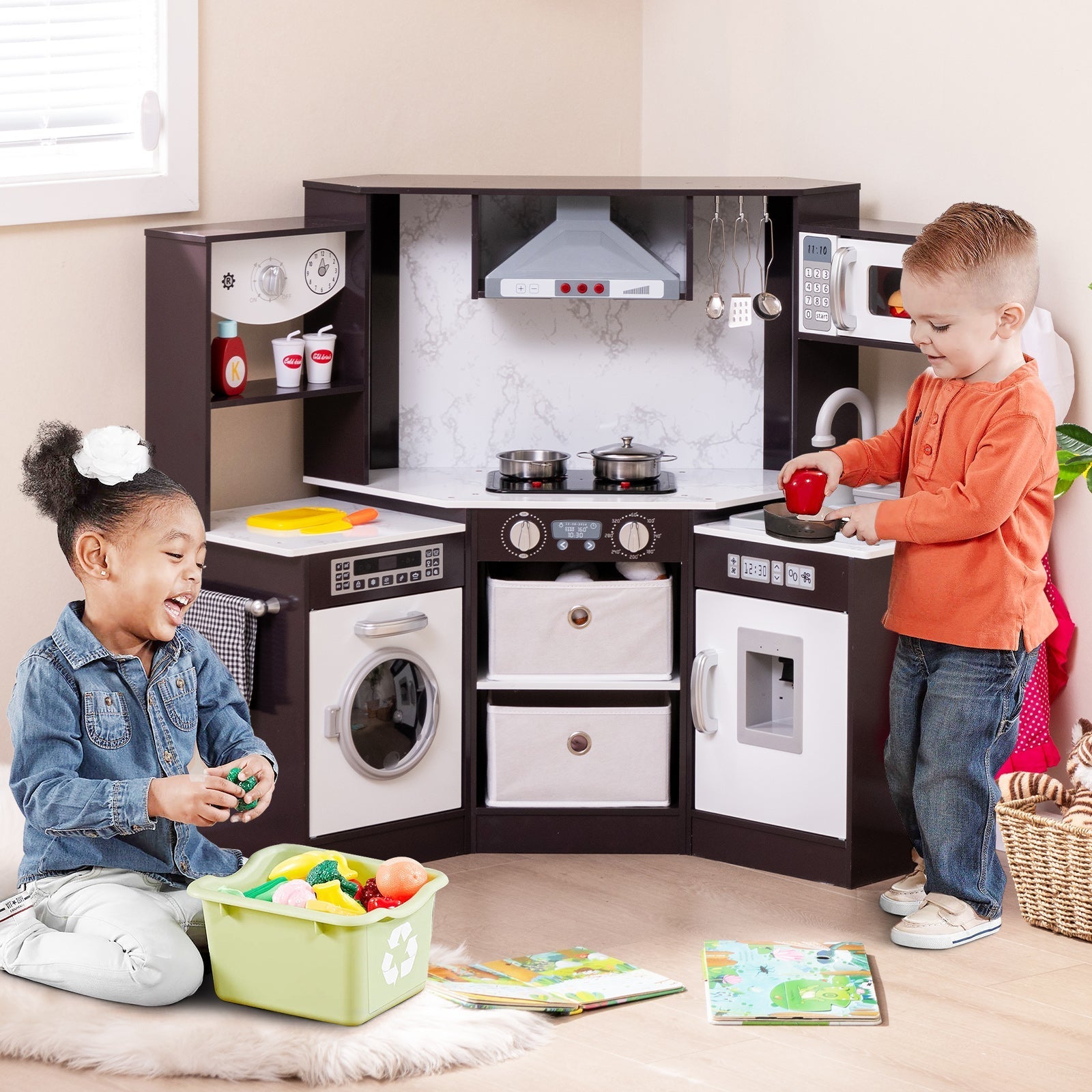 Wooden Kids Play Kitchen Corner with Lights and Water Circulation System-Coffee