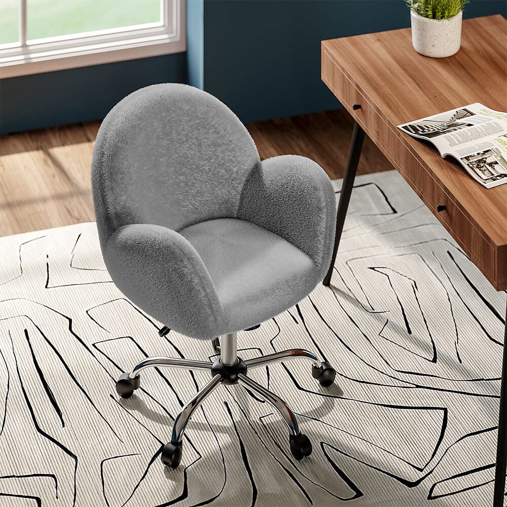 Grey Plush Adjustable Office Chair with Armrests and Rolling Wheels