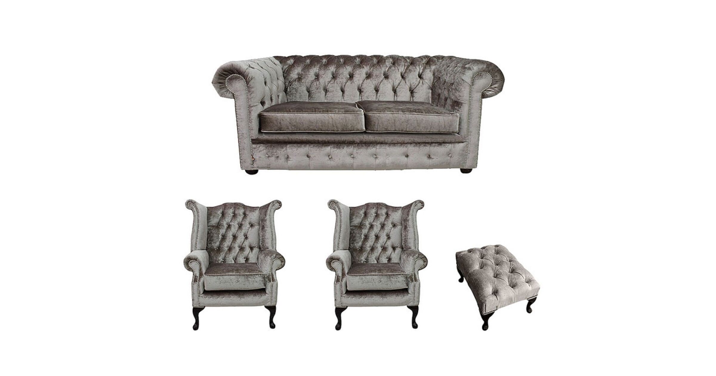 Chesterfield 2 Seater Sofa + 2 x Queen Anne Chairs + Footstool Boutique Beige Velvet Sofa Suite Offer