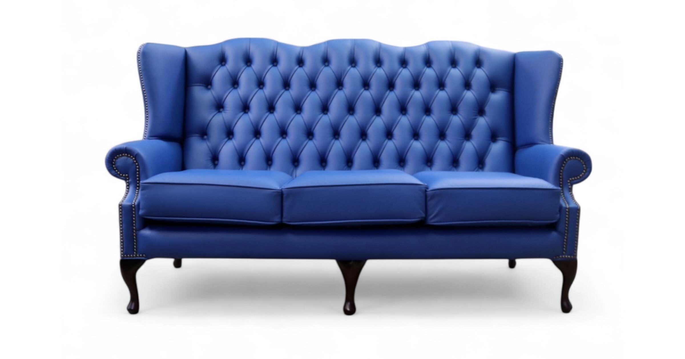 Chesterfield 3 Seater Flat Wing Queen Anne High Back Wing Sofa Ultramarine Blue Leather