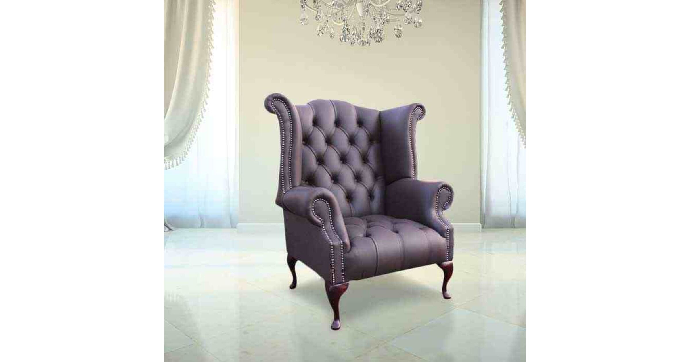 Chesterfield Buttoned Queen Anne High Back Wing Chair UK Manufactured Dark Chocolate