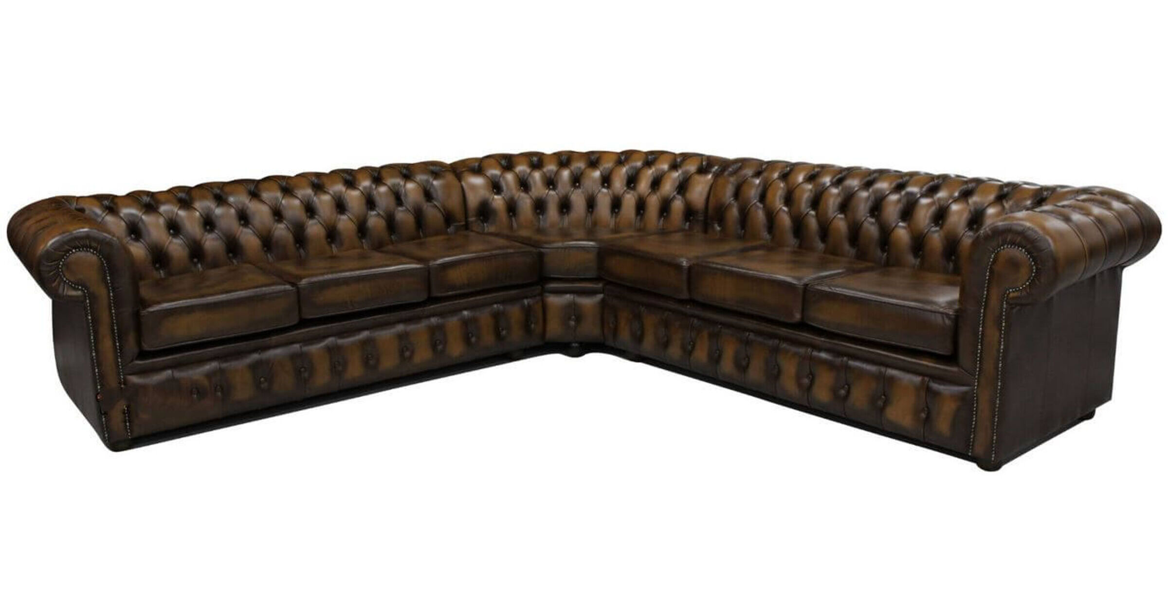 Chesterfield Corner Sofa Unit 7 Seater Antique Tan Leather Cushioned