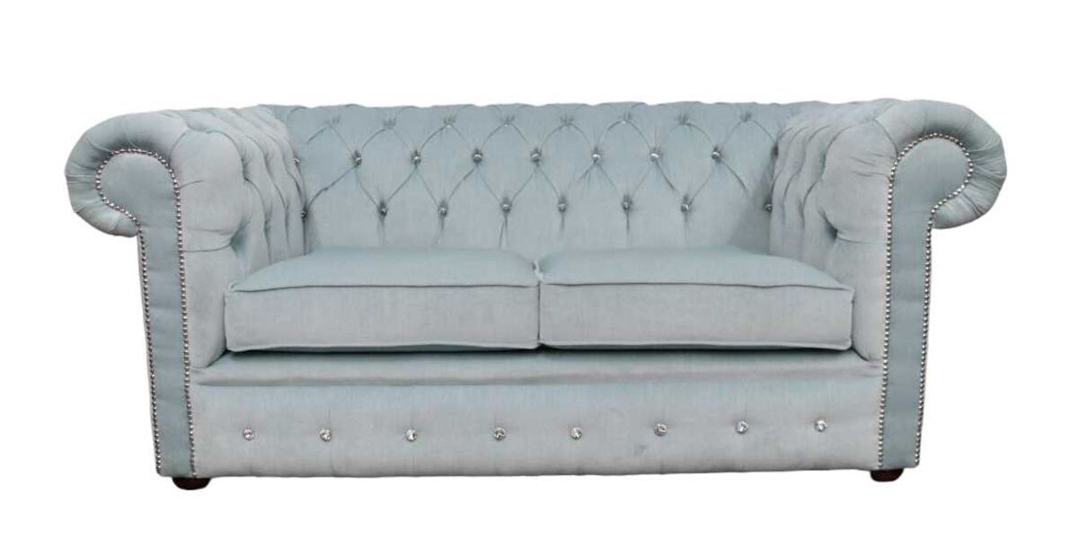 Chesterfield Crystal Diamond 2 Seater Duck Egg Blue Fabric Sofa