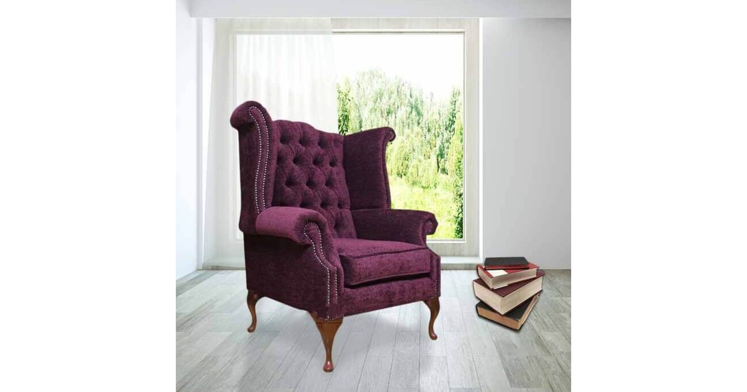 Chesterfield Fabric Queen Anne High Back Wing Chair Aubergine Velvet