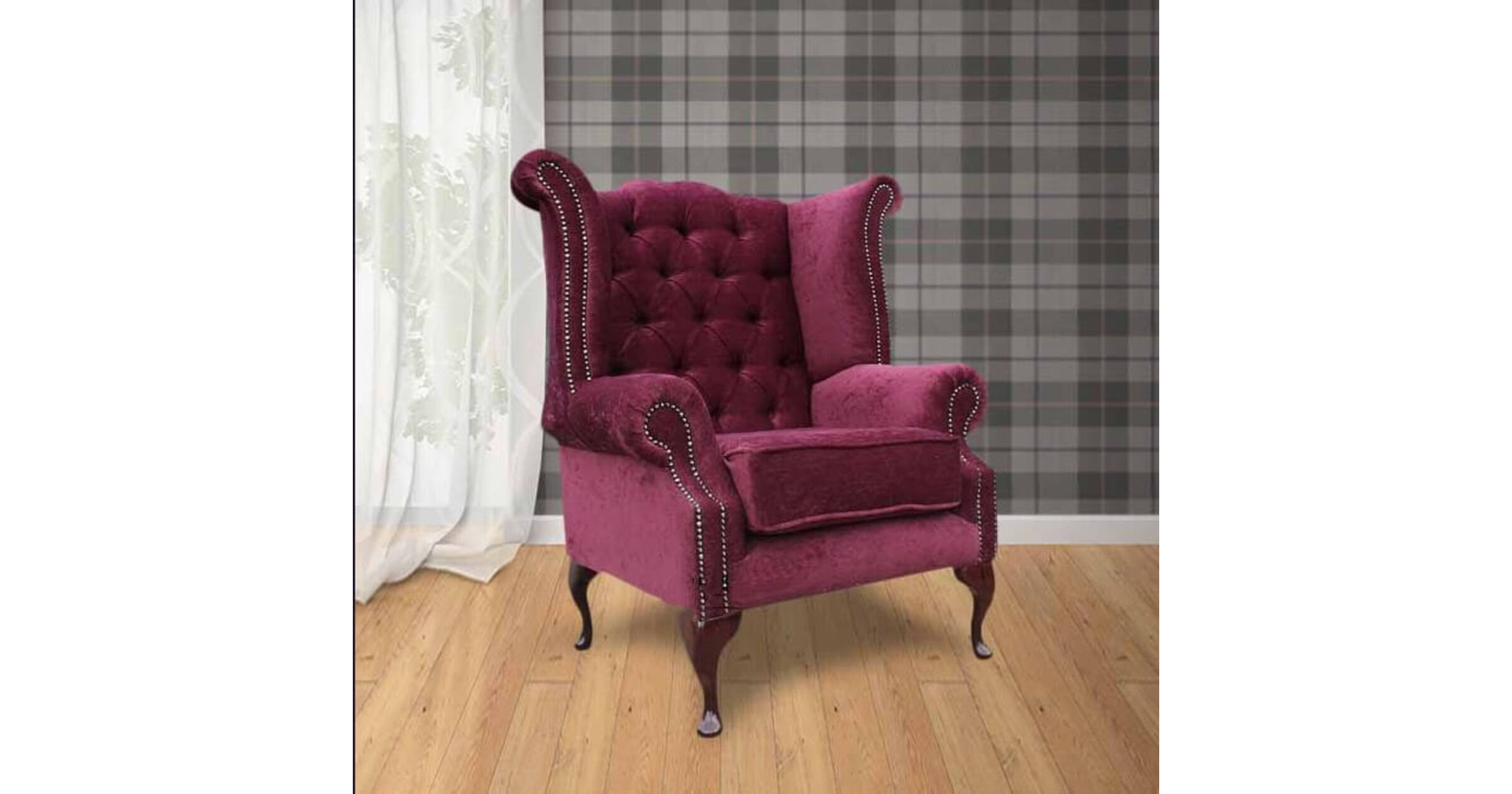 Chesterfield Fabric Queen Anne High Back Wing Chair Pimlico Damson