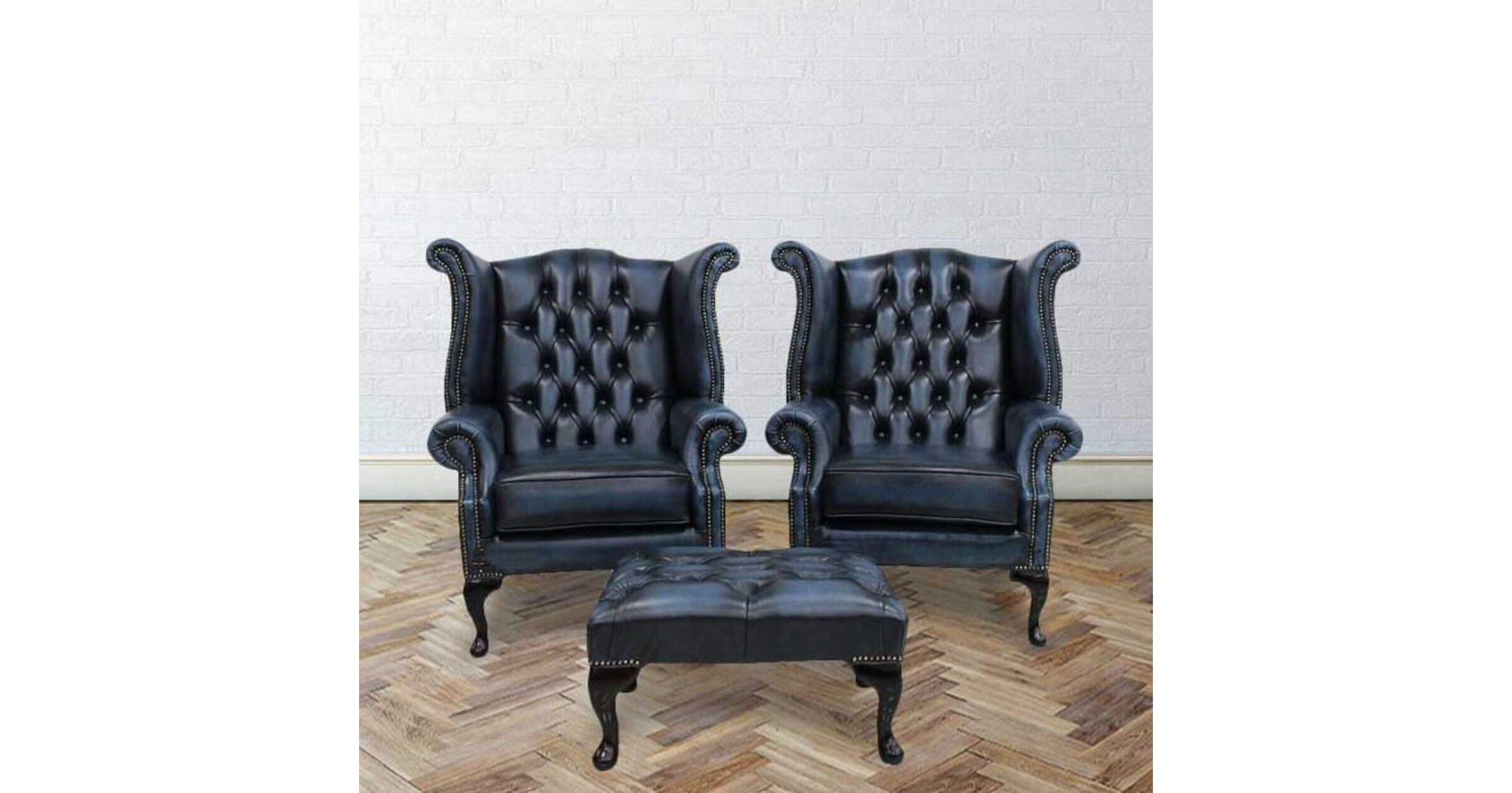 Chesterfield Offer Pair Queen Anne High Back Wing Chair Footstool Antique Blue Leather