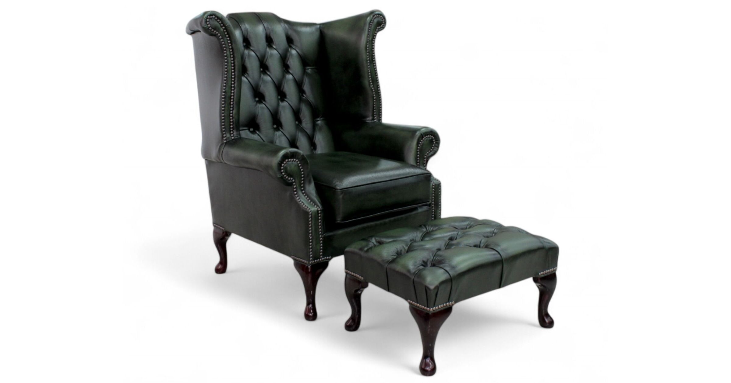 Chesterfield Offer Queen Anne High Back Wing Chair Antique Green Leather Footstool