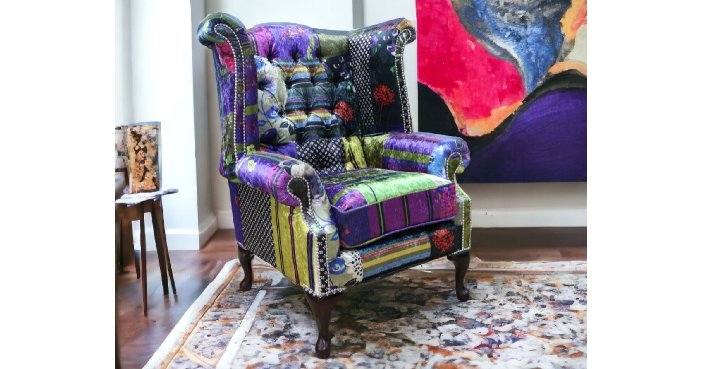 Chesterfield Patchwork Queen Anne London Multi Velvet Wing Chair