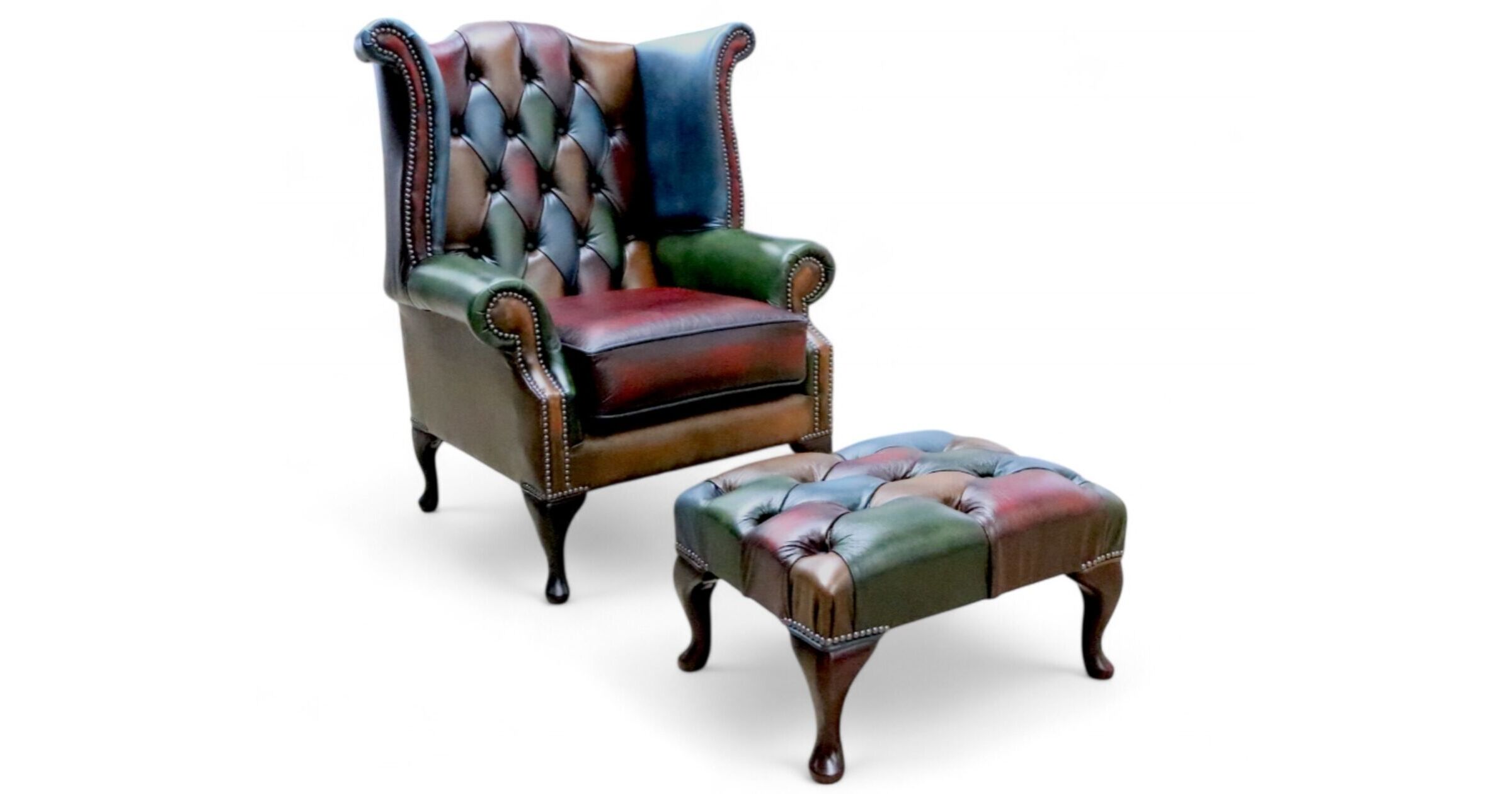 Chesterfield Patchwork Queen Anne Wing Chair Antique Real Leather + Footstool