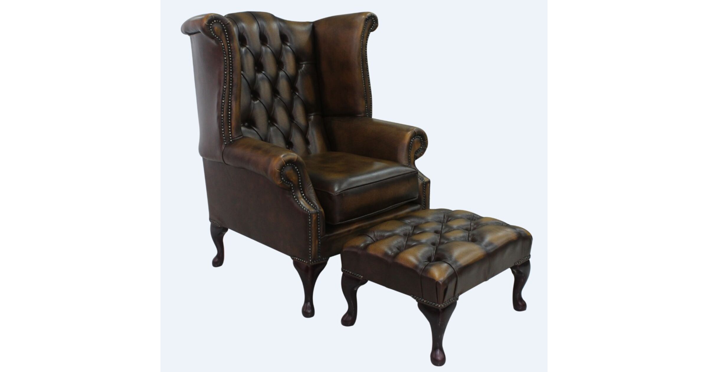 Chesterfield Offer Queen Anne High Back Wing Chair Antique Gold Leather Footstool