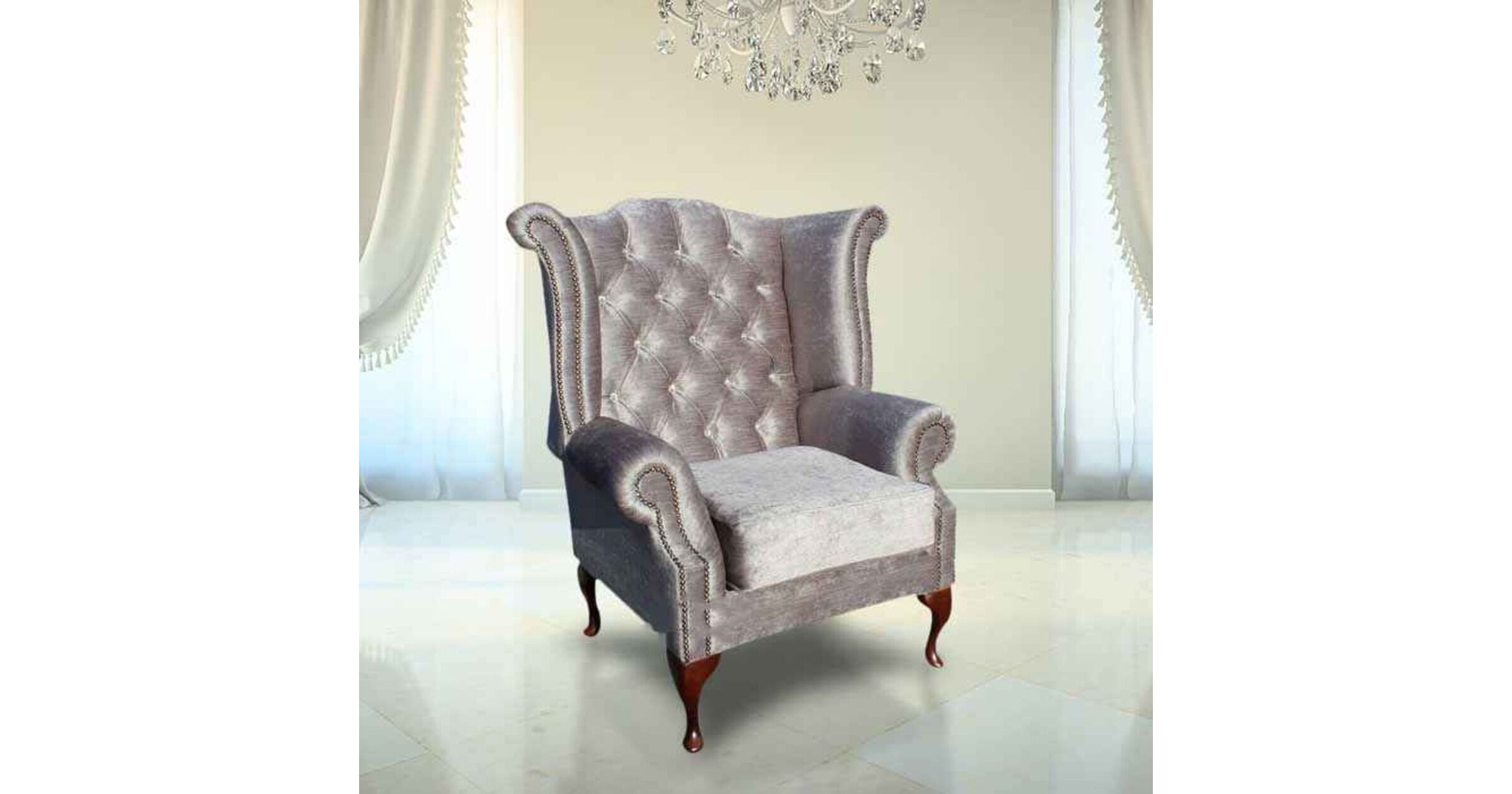 Chesterfield Crystal Queen Anne High Back Wing Chair Belvedere Pewter Grey Velvet