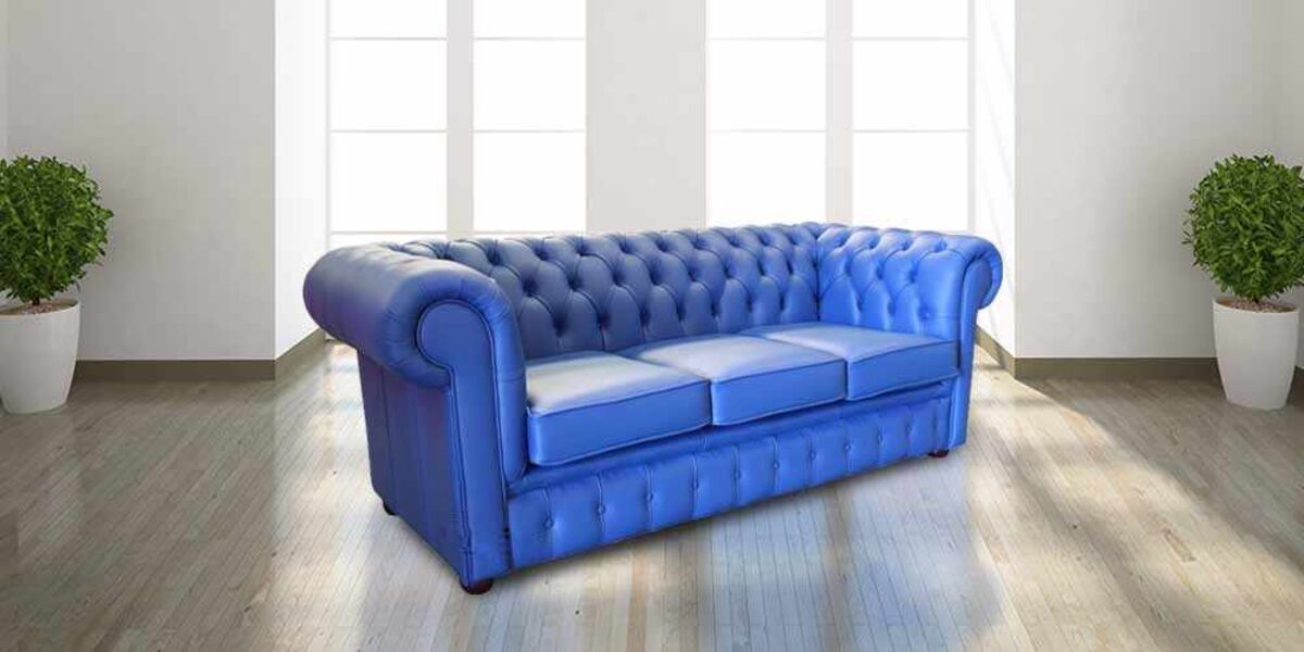 Chesterfield Thomas 3 Seater Settee Deep Ultramarine Blue Leather Sofa Offer