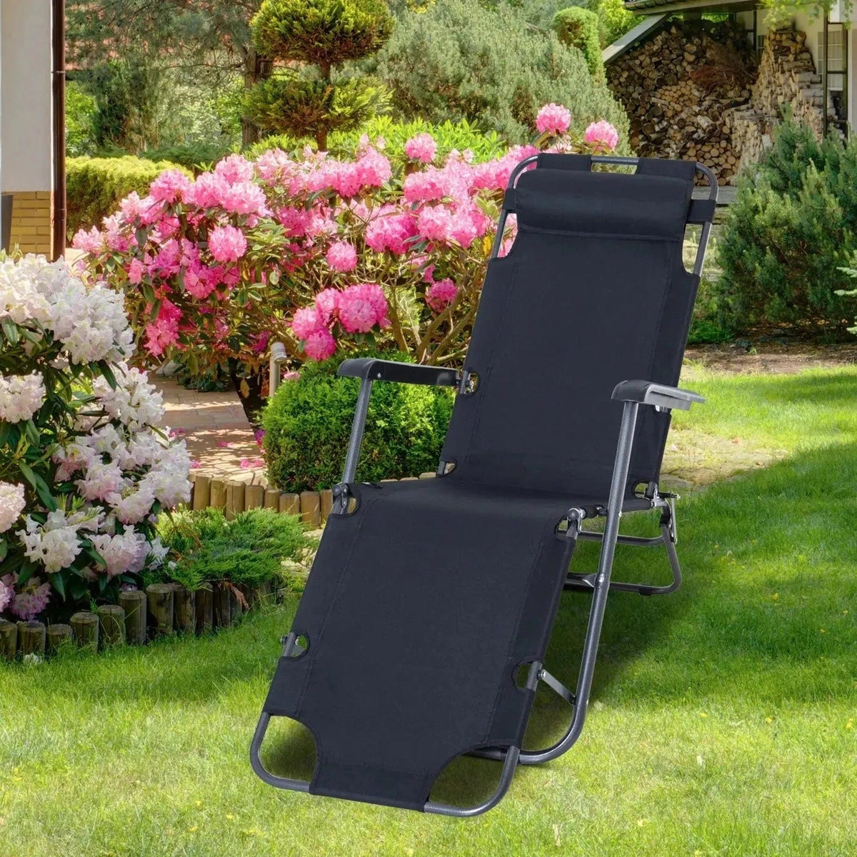 Convertible Black Sun Lounger – Elegant Folding Recliner with Pillow – Outsunny