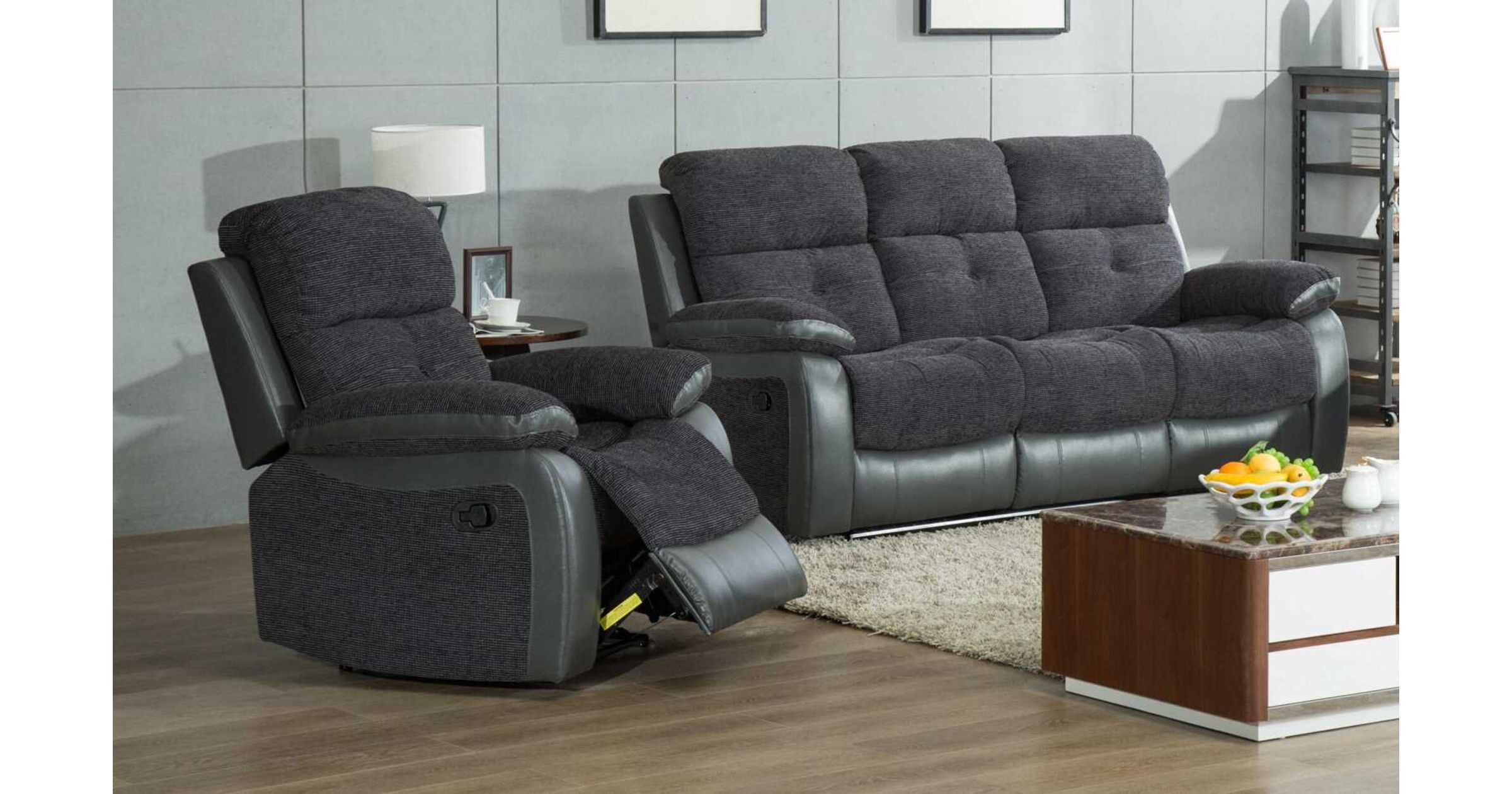 Holden 3+1 Reclining Sofa Suite Dark Grey Fabric And Leather