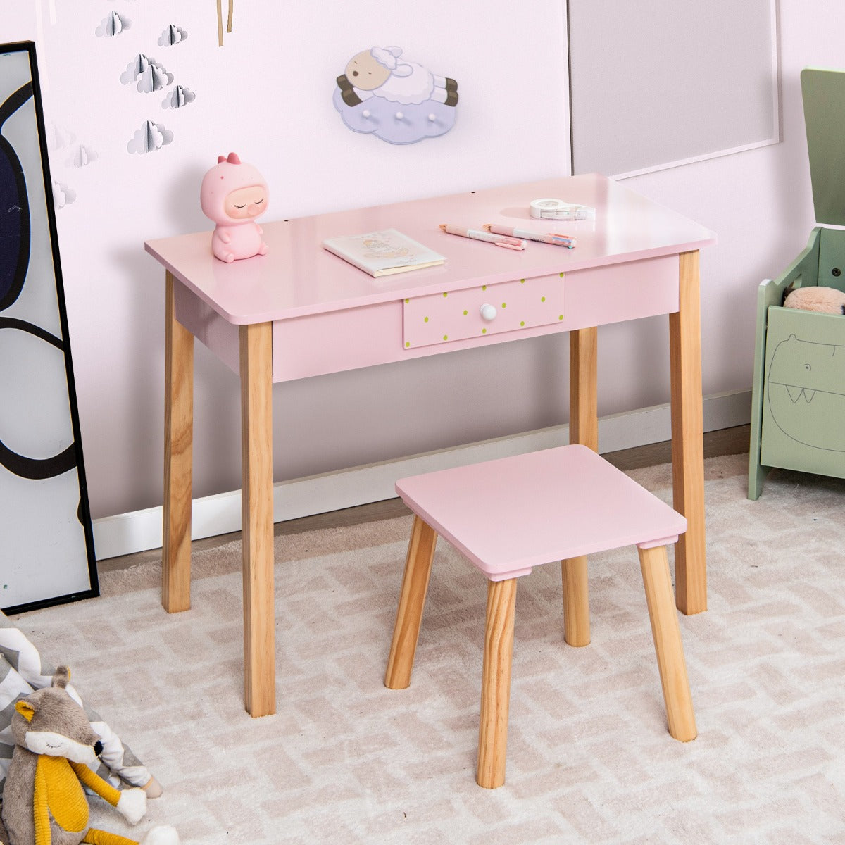 Girls Dressing Tables with Mirror and Drawer for Toddlers-Pink