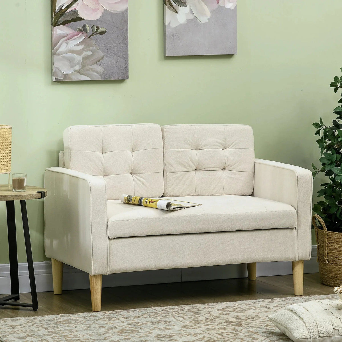 Cream White Modern Loveseat with Storage and Tufted Design