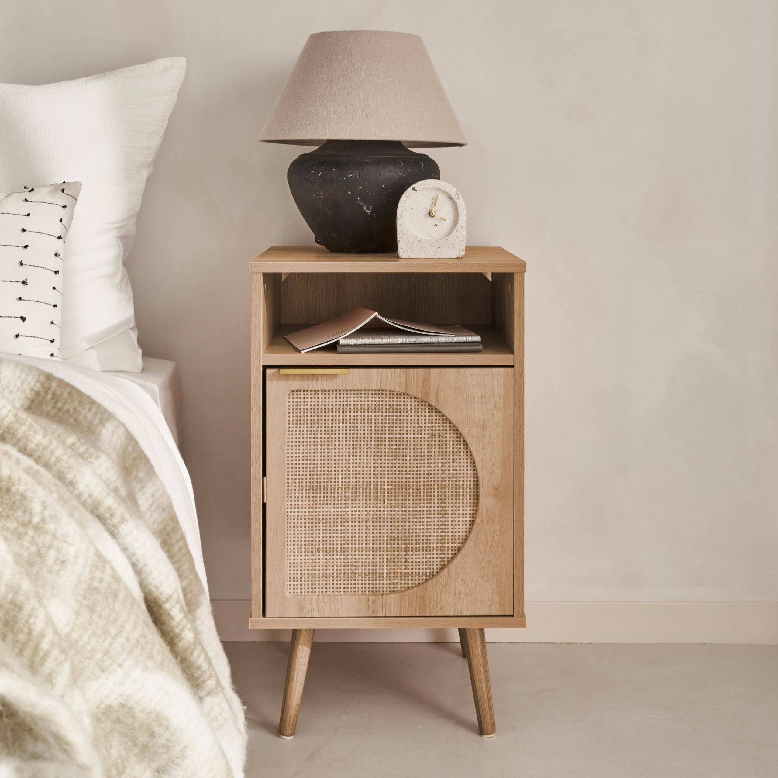 Pair of wood and rounded cane rattan bedside tables