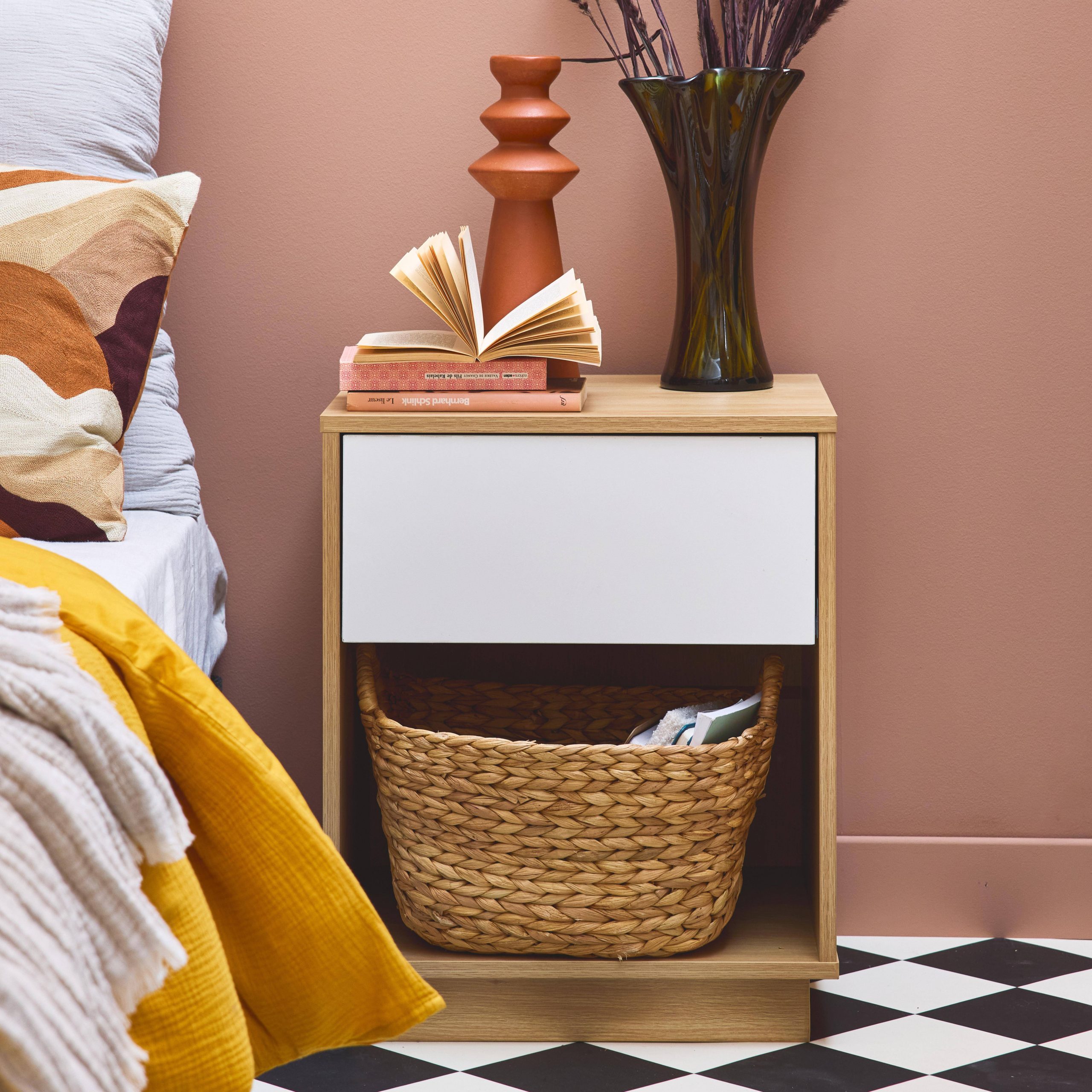 Pair of 1-drawer bedside tables in two-tone wood effect