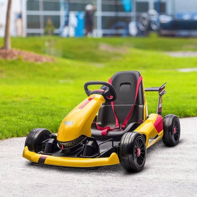 Kids Electric Go Kart with Adjustable Footrest, Reversing Steering Wheel, 12V Rechargeable Battery – Yellow