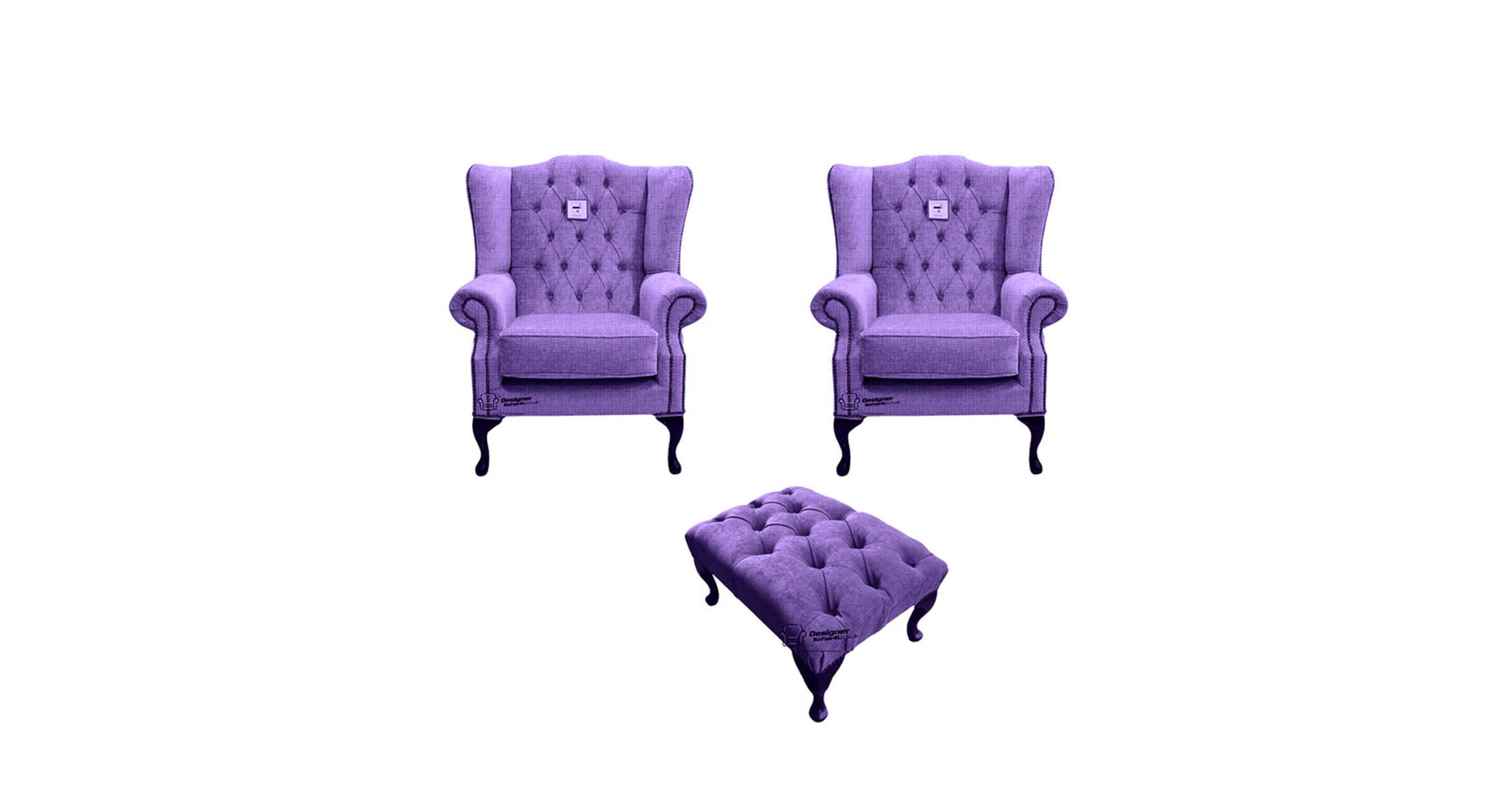 Chesterfield 2 x Mallory Wing chairs + Footstool Verity Purple Fabric Sofa Suite Offer