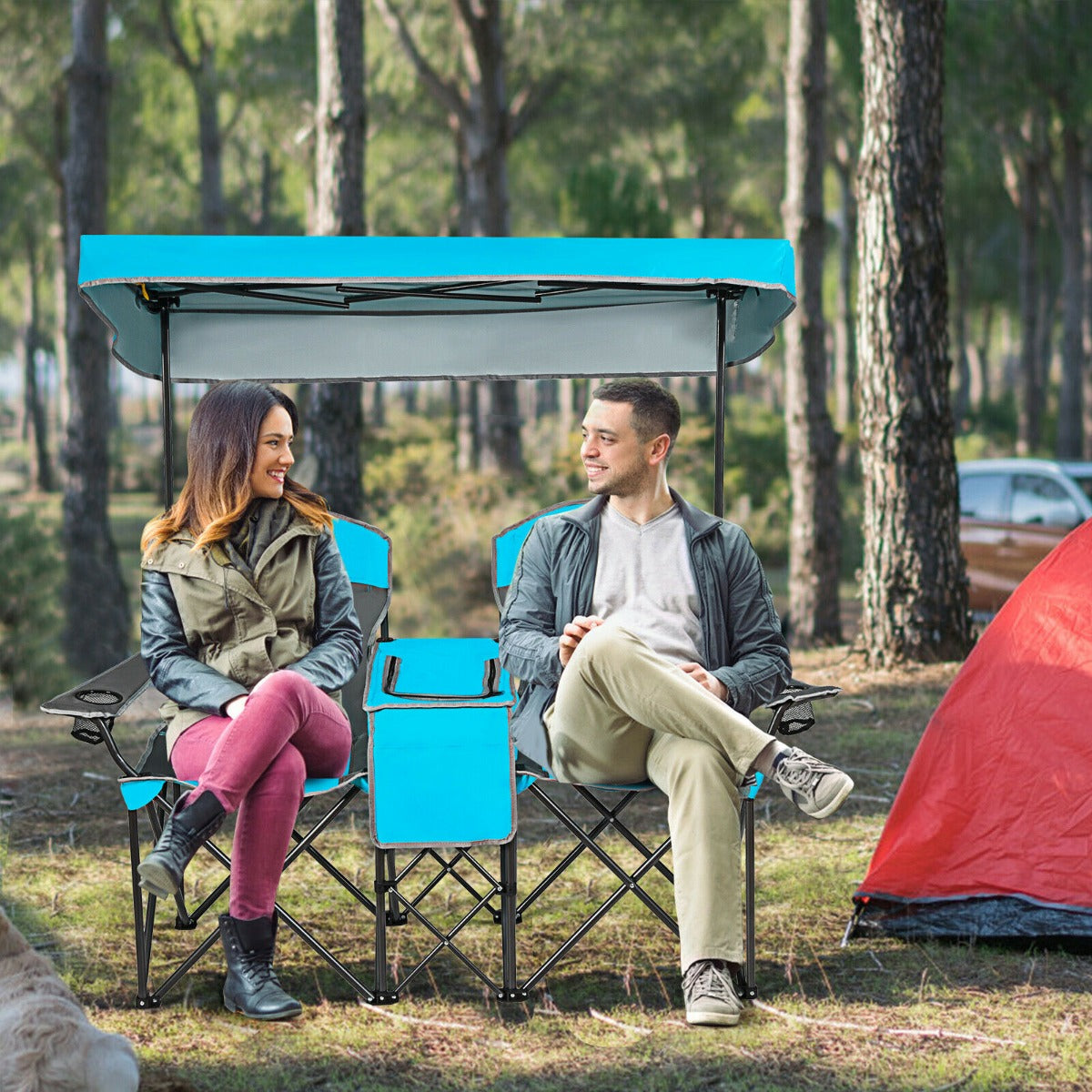 Double Folding Camping Chair with Canopy and Armrests-Blue