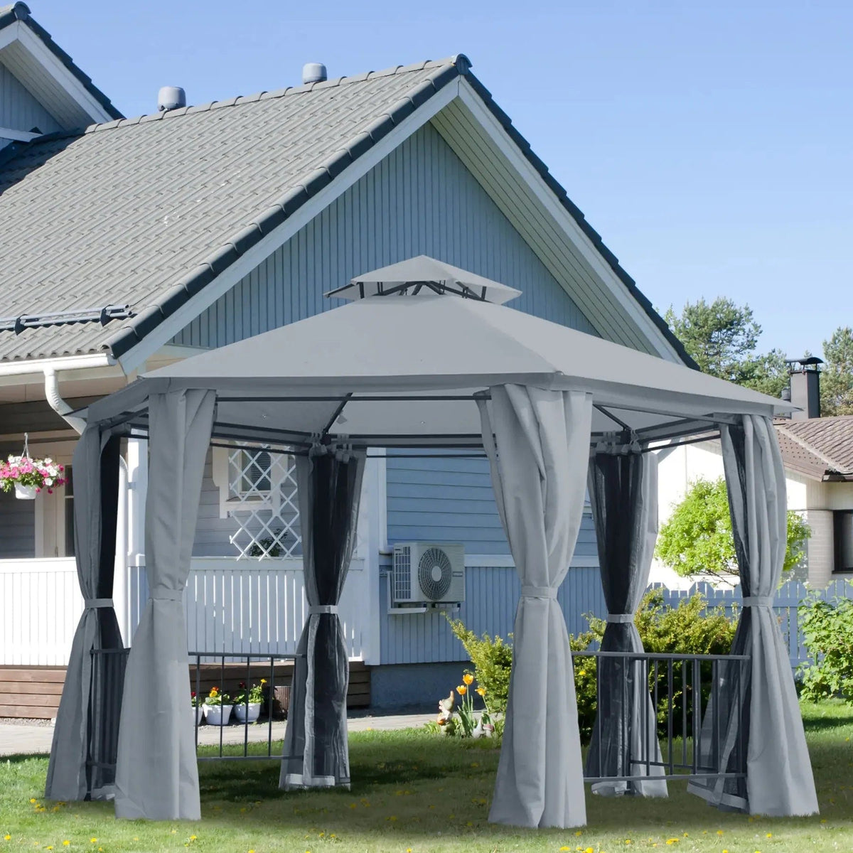 10 x 10 ft (3 x 3 m) Hexagonal Gazebo with 2-Tier Roof, Curtains & Nets – Grey – Outsunny