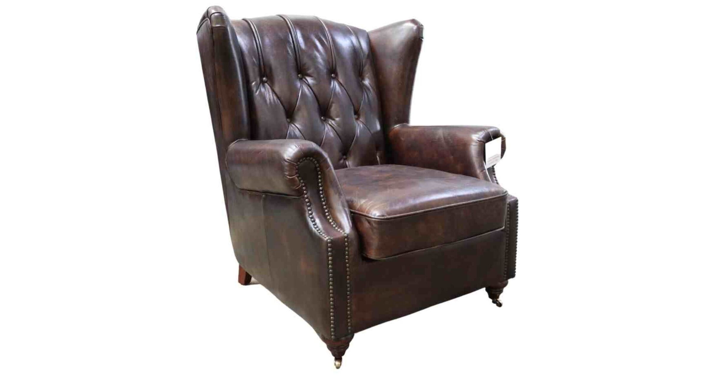 Vintage Chesterfield Buttoned Wingback Tobacco Brown Distressed Leather Chair