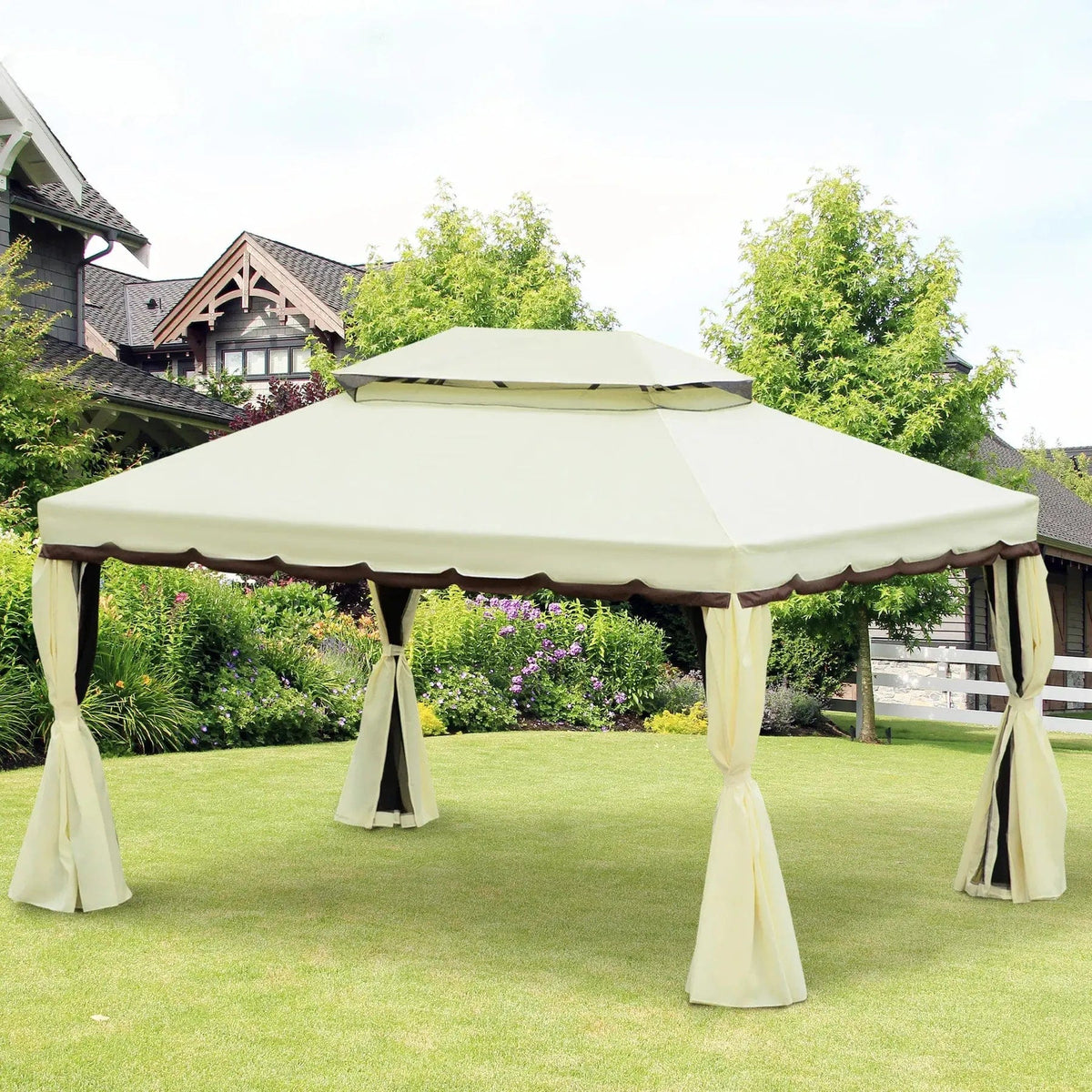 13 x 10 ft (4 x 3 m) Cream White Aluminium Garden Gazebo with Nets and Sidewalls – Outsunny